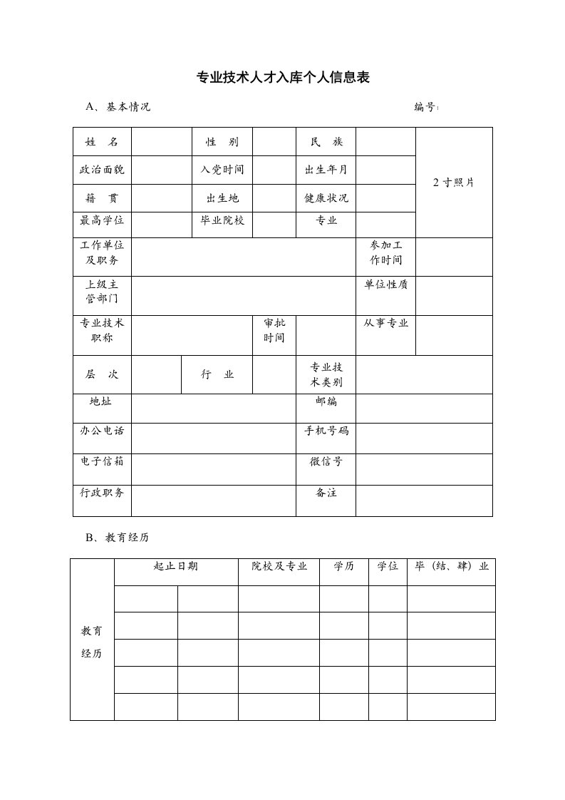 专业技术人才入库个人信息表直接打印