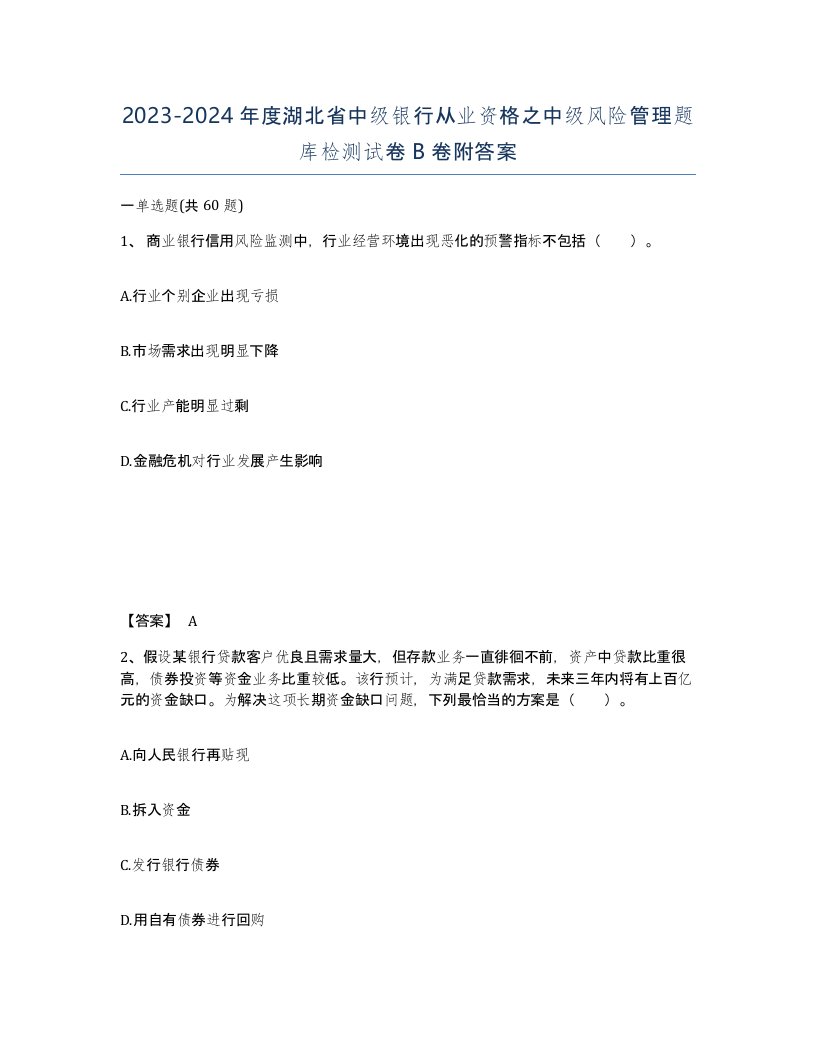 2023-2024年度湖北省中级银行从业资格之中级风险管理题库检测试卷B卷附答案