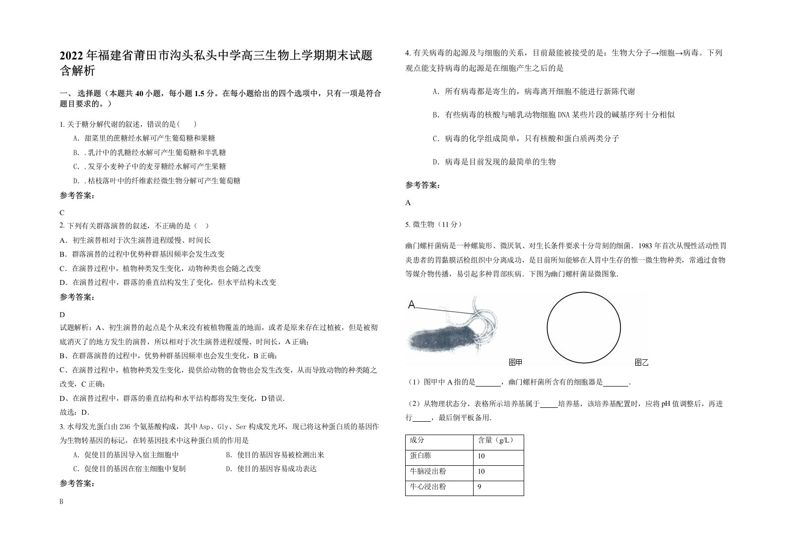 2022年福建省莆田市沟头私头中学高三生物上学期期末试题含解析