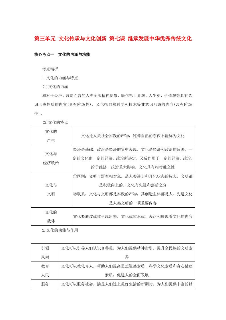 2025版高考政治全程一轮复习核心突破必修4第三单元文化传承与文化创新第七课继承发展中华优秀传统文化