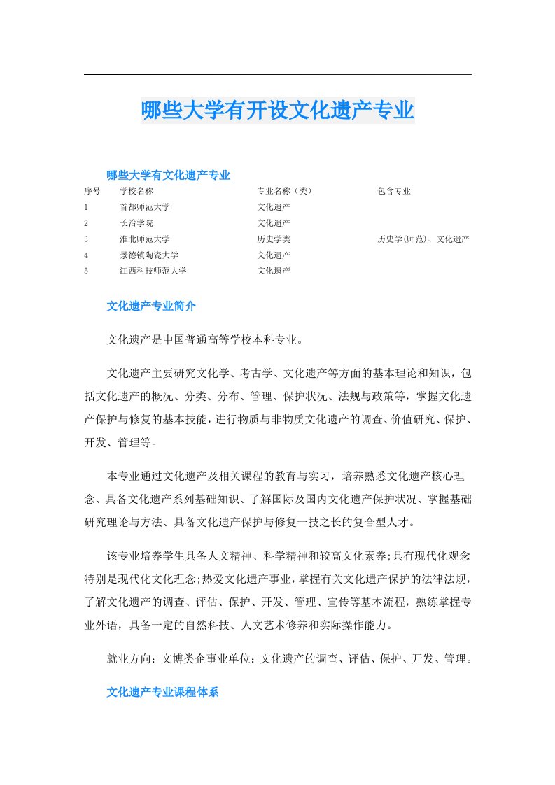 哪些大学有开设文化遗产专业