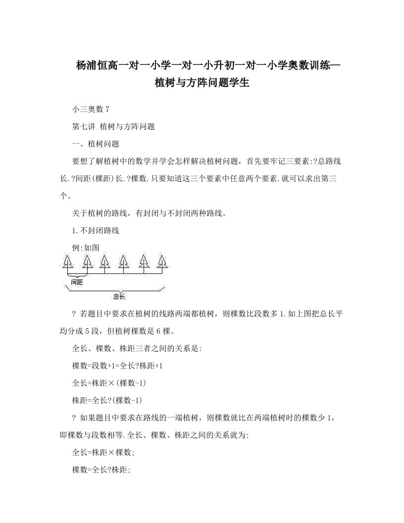 杨浦恒高一对一小学一对一小升初一对一小学奥数训练--植树与方阵问题学生