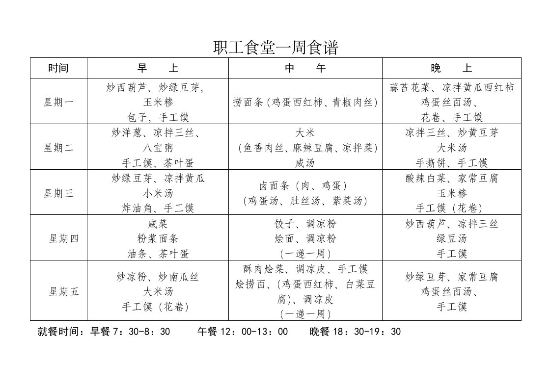 职工食堂一周食谱