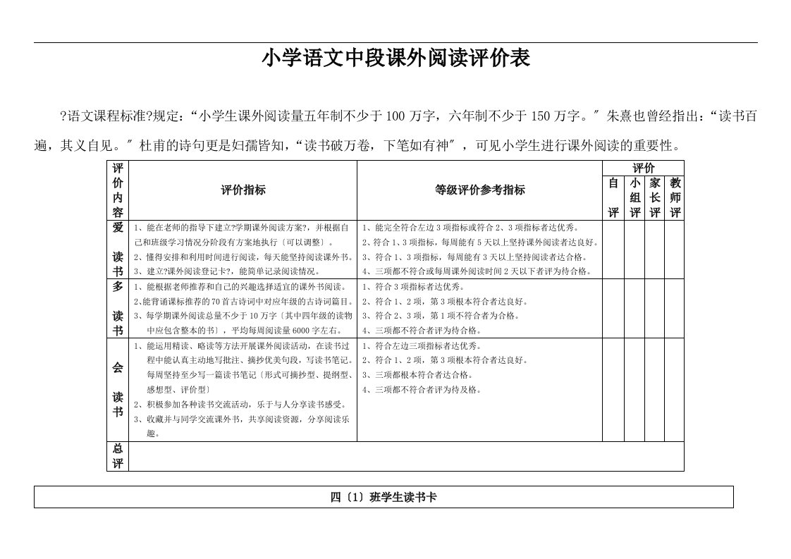 最新课外阅读评价表1