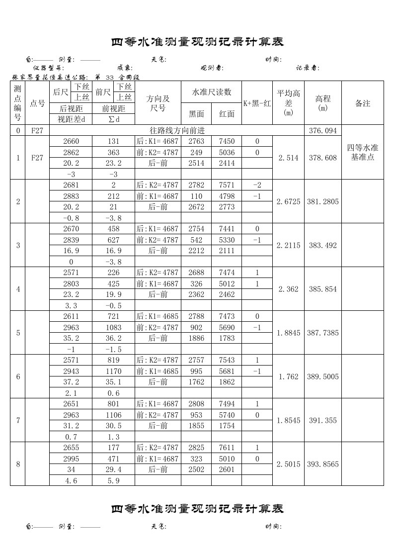 四等水准测量观测记录计算表