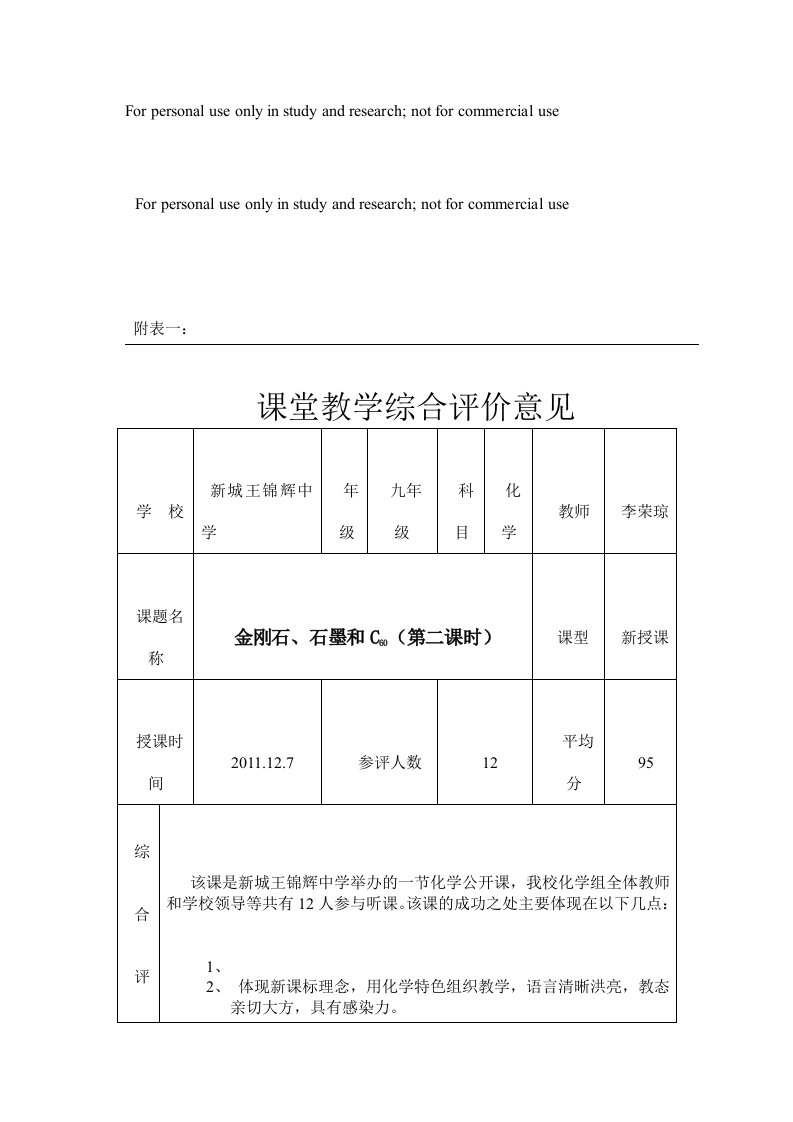 课堂教学综合评价意见