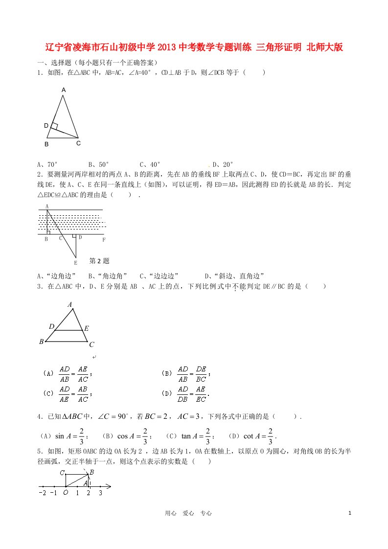 辽宁省凌海市石山初级中学2013中考数学专题训练三角形证明北师大版