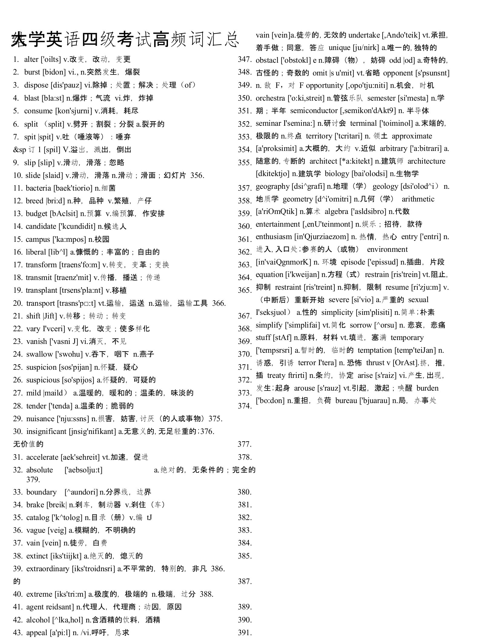 大学英语四级考试高频词汇