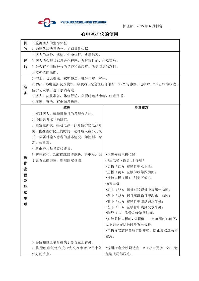 心电监护仪的操作流程及评分标准