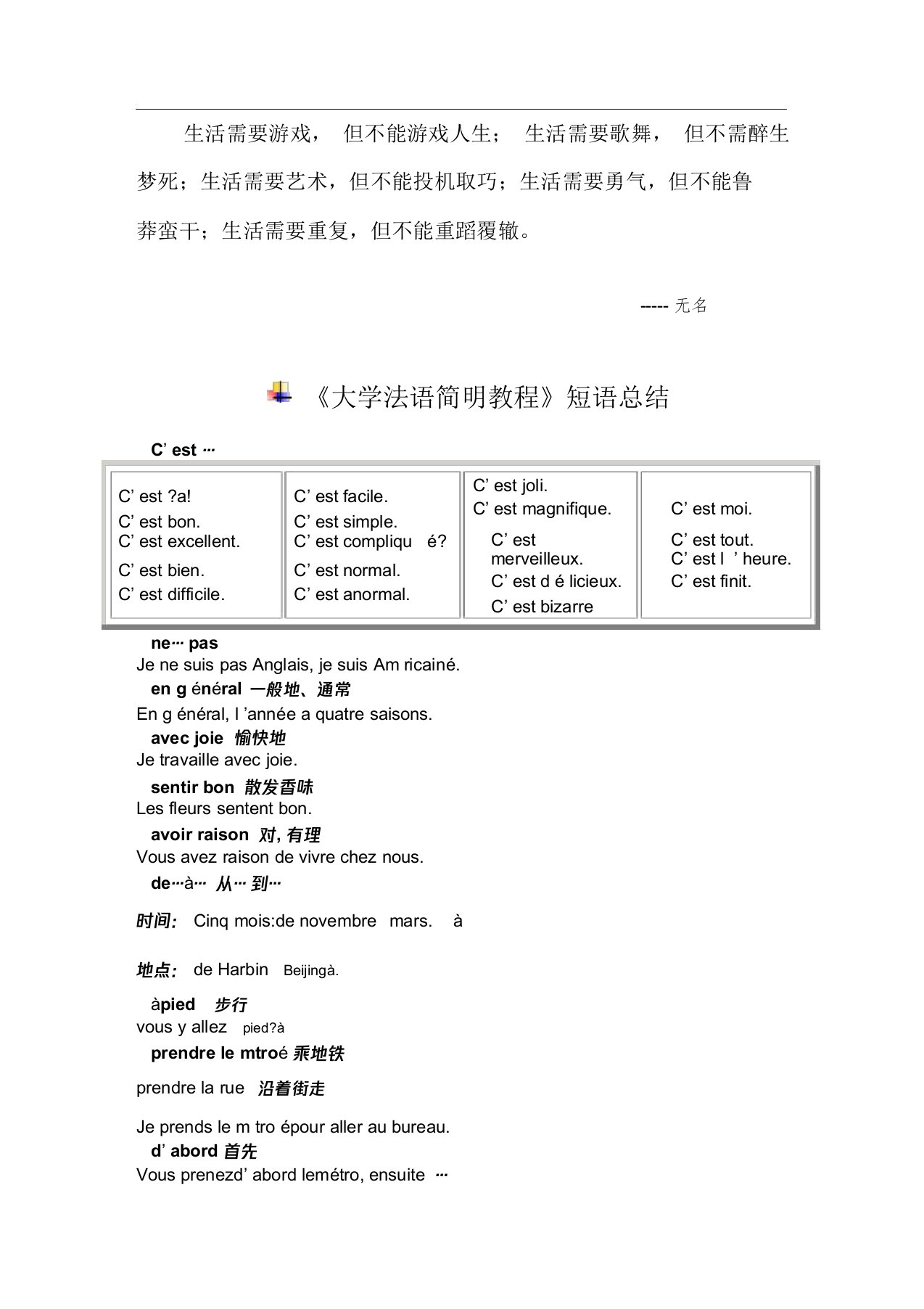 Wowo《大学法语简明教程》短语总结