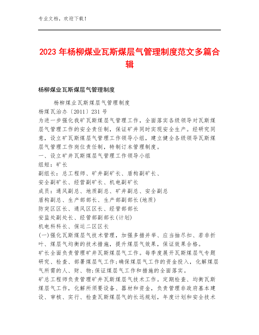 2023年杨柳煤业瓦斯煤层气管理制度范文多篇合辑