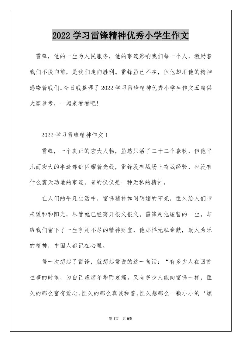 2022学习雷锋精神优秀小学生作文