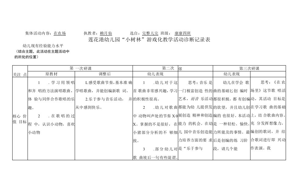 中小学“小树林”游戏化教学活动诊断记录表公开课教案教学设计课件案例测试练习卷题