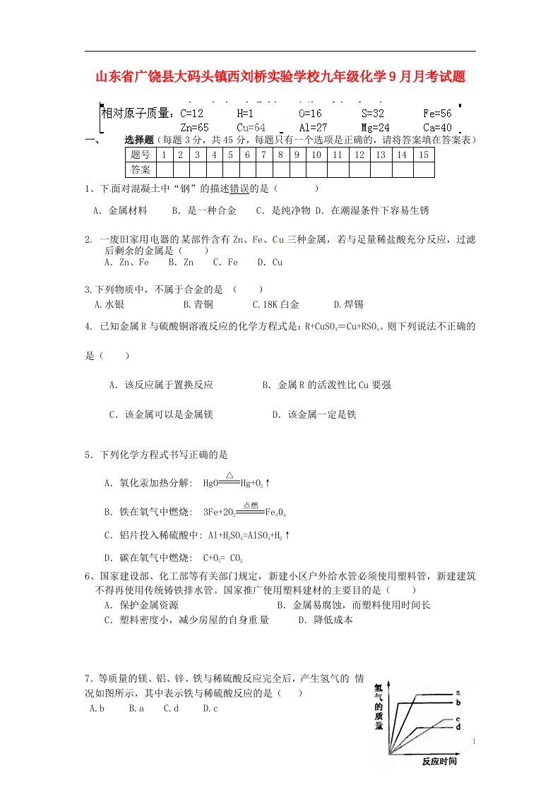 山东省广饶县大码头镇西刘桥实验学校九级化学9月月考试题（无答案）