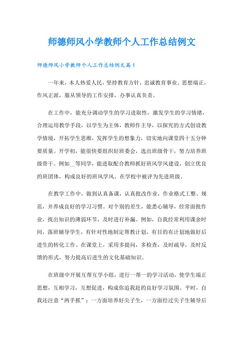 师德师风小学教师个人工作总结例文