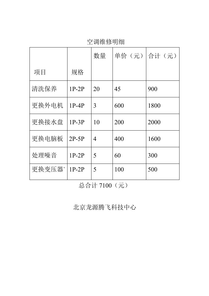 空调维修明细