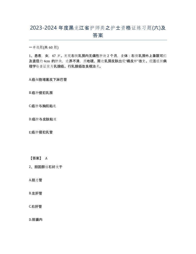 2023-2024年度黑龙江省护师类之护士资格证练习题六及答案