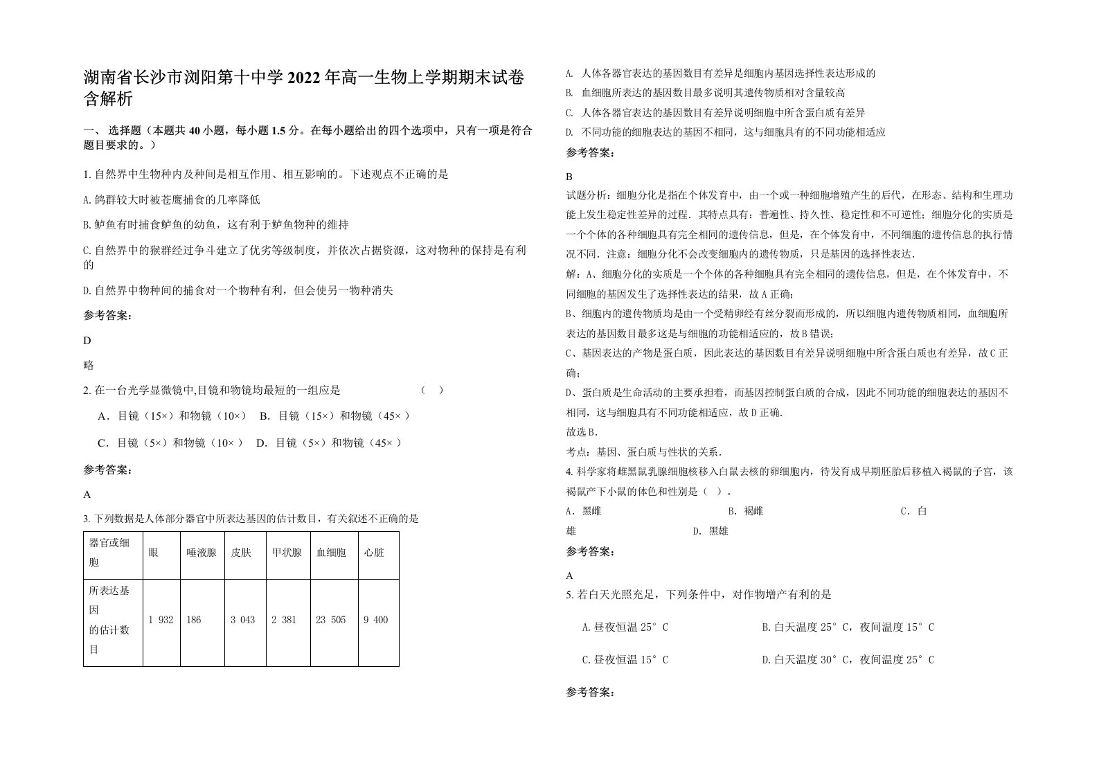 湖南省长沙市浏阳第十中学2022年高一生物上学期期末试卷含解析