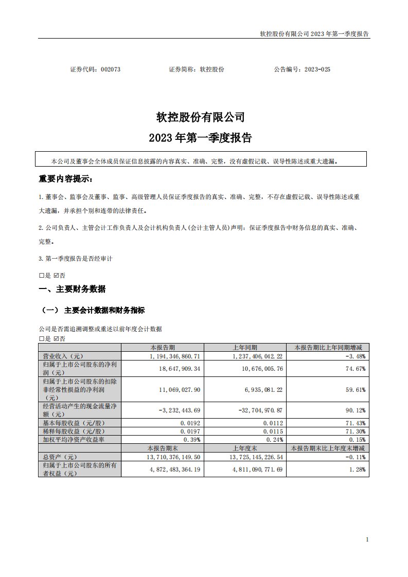 深交所-软控股份：2023年一季度报告-20230426