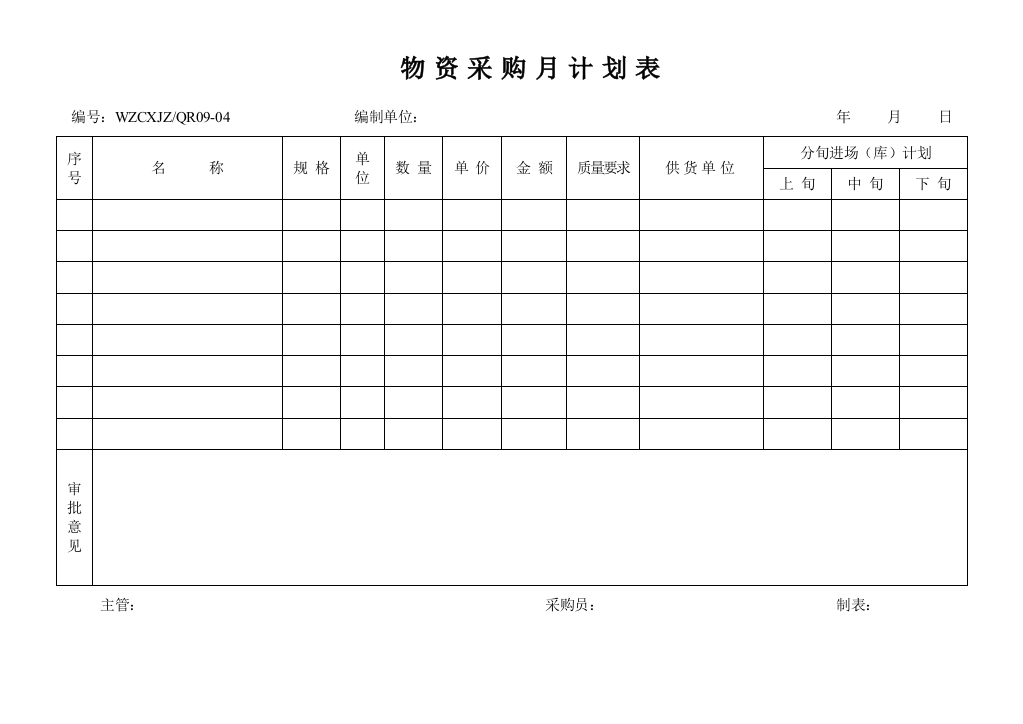 材料物资采购月计划表