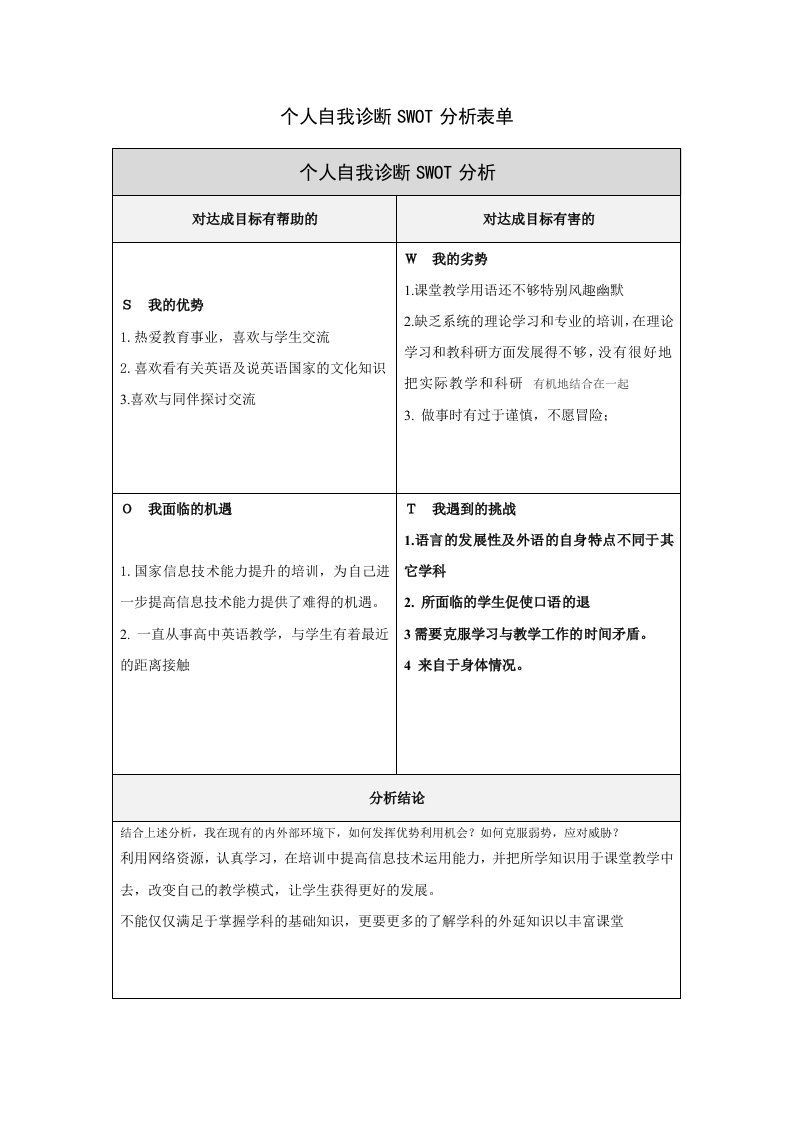 个人自我分析表SWOT表