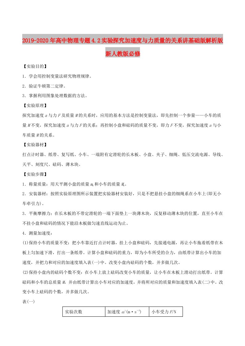 2019-2020年高中物理专题4.2实验探究加速度与力质量的关系讲基础版解析版新人教版必修