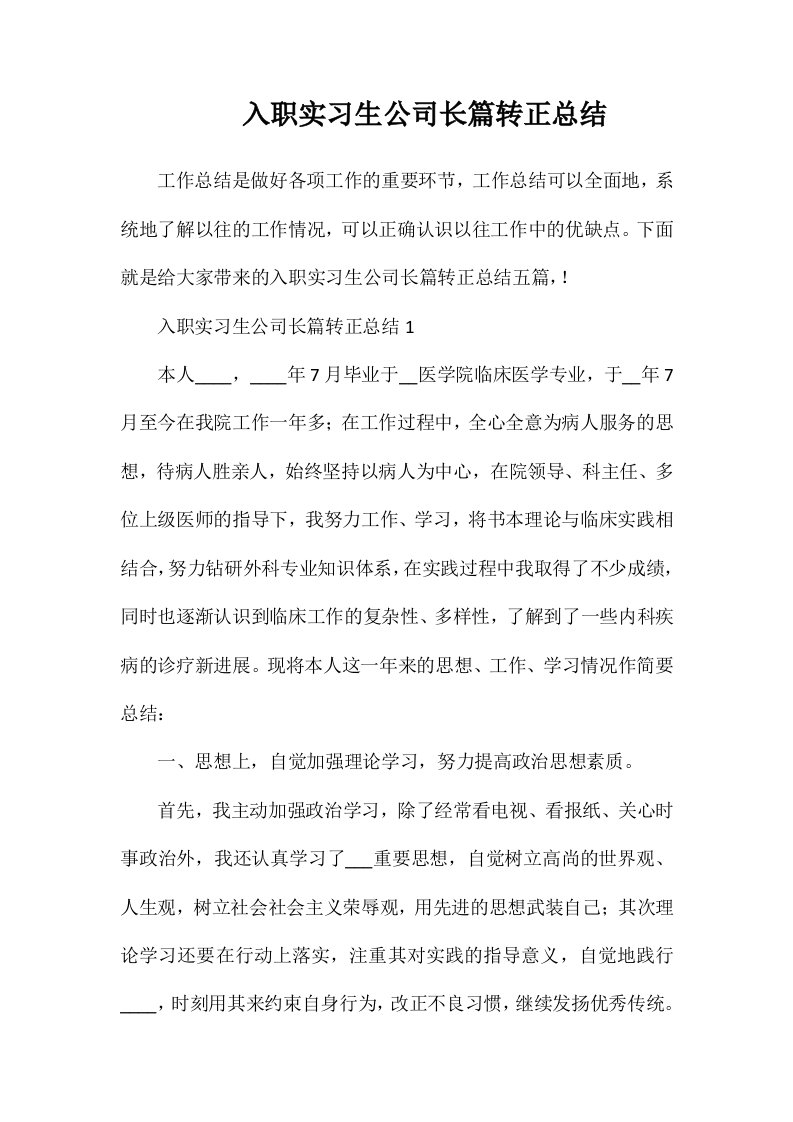 入职实习生公司长篇转正总结