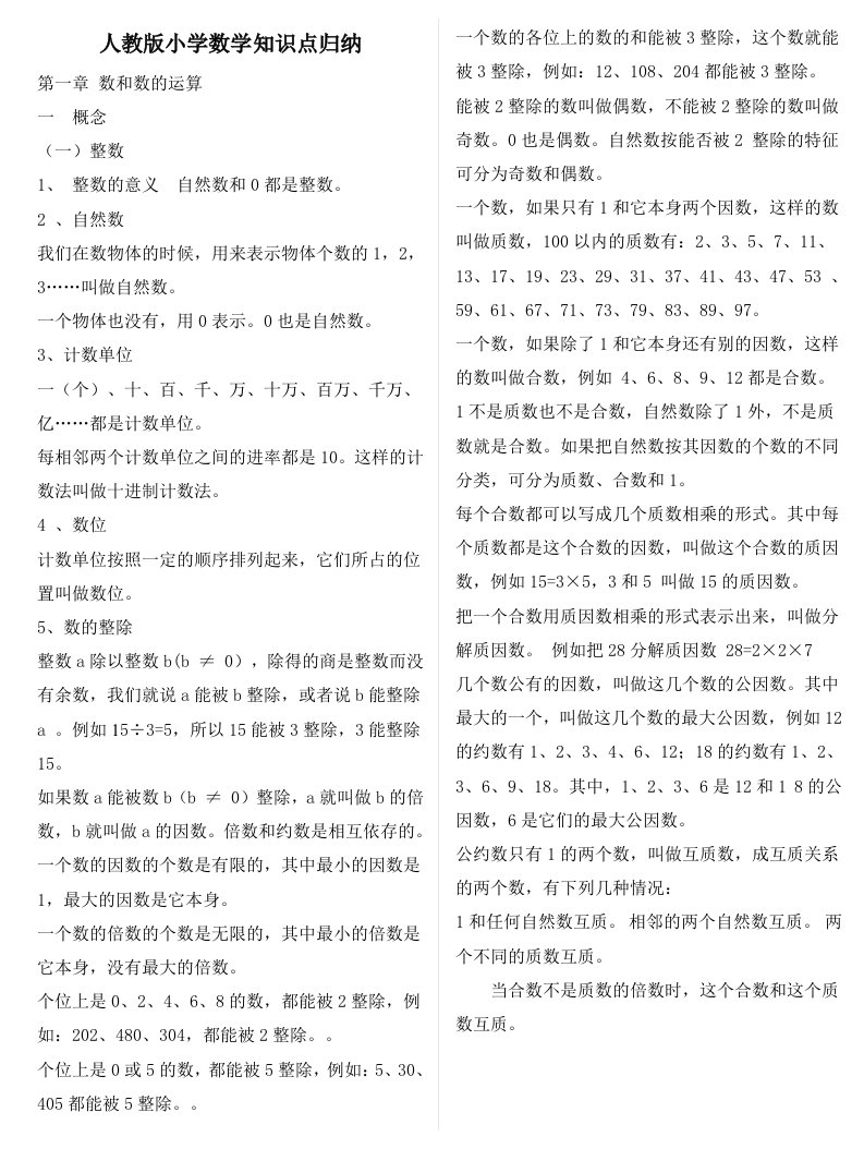 人教版小学数学知识点总结