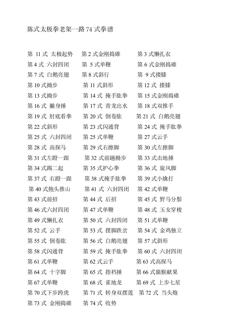 陈式太极拳老架一路74式拳谱