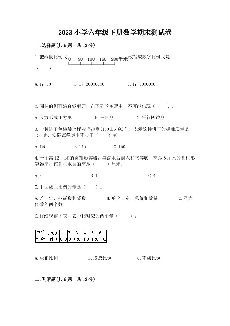 2023小学六年级下册数学期末测试卷及完整答案（全优）