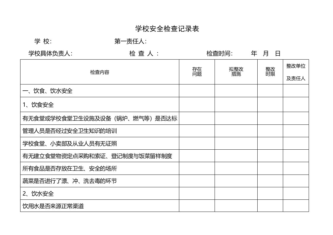 学校安全检查记录表(表样)