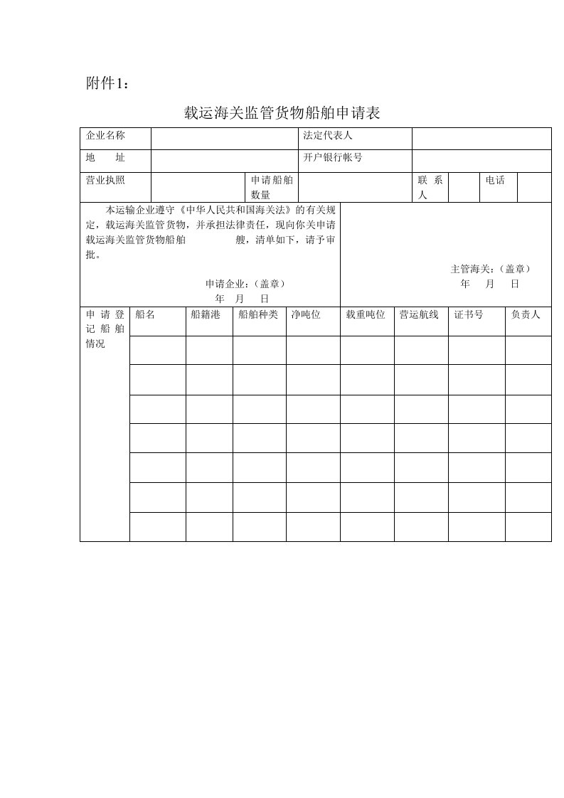 载运海关监管货物船舶申请表