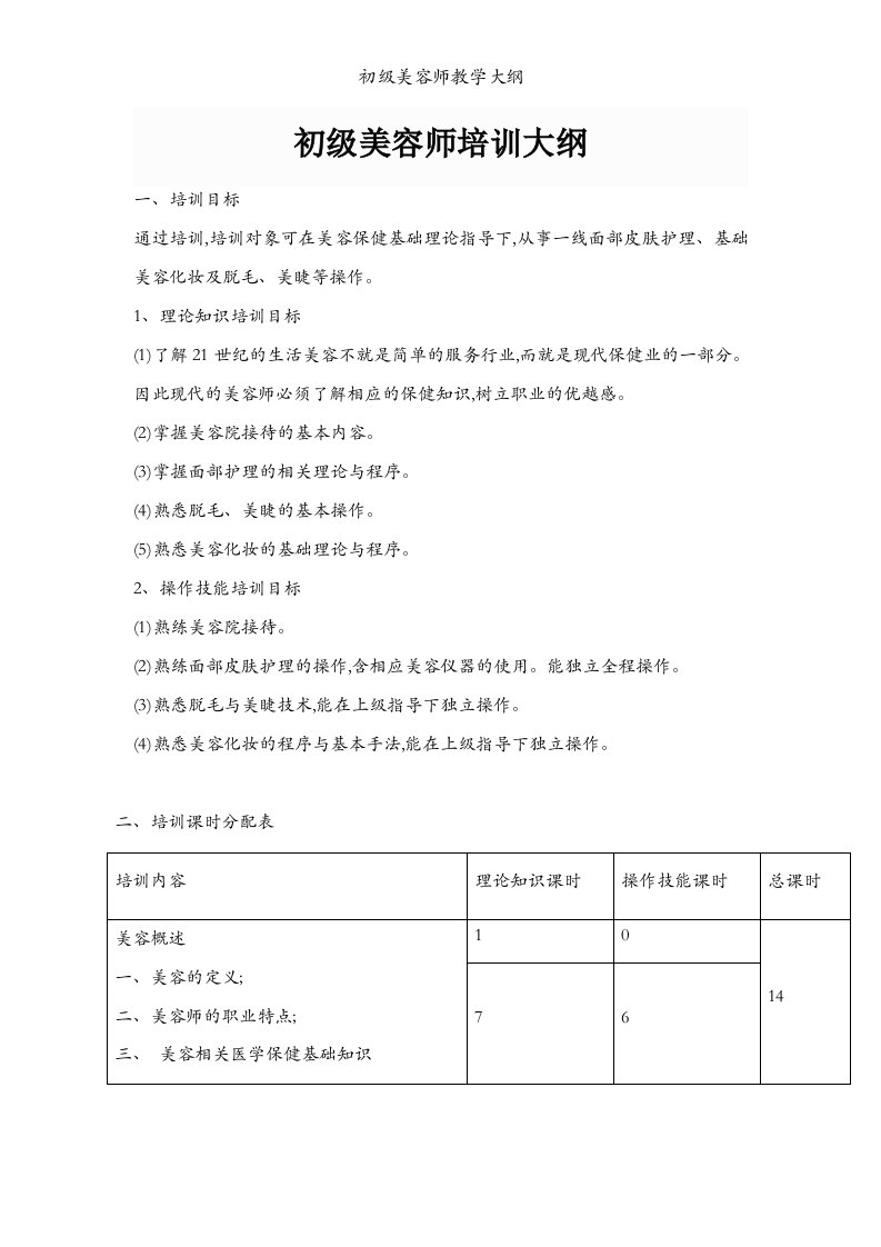 初级美容师教学大纲