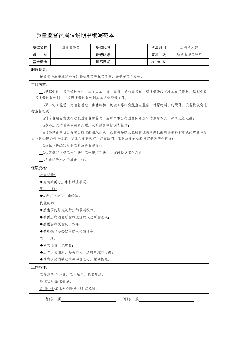 质量监督员岗位说明书编写范本