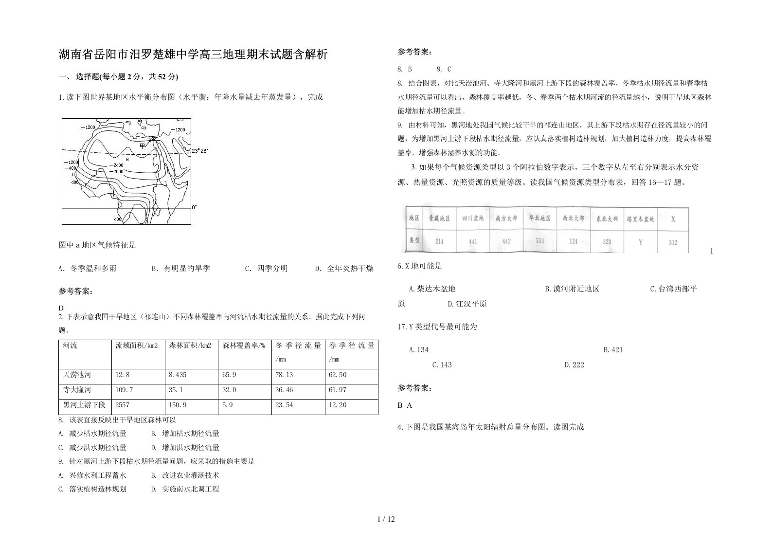 湖南省岳阳市汨罗楚雄中学高三地理期末试题含解析