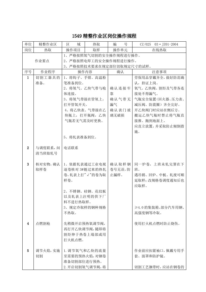 精整作业区岗位操作规程