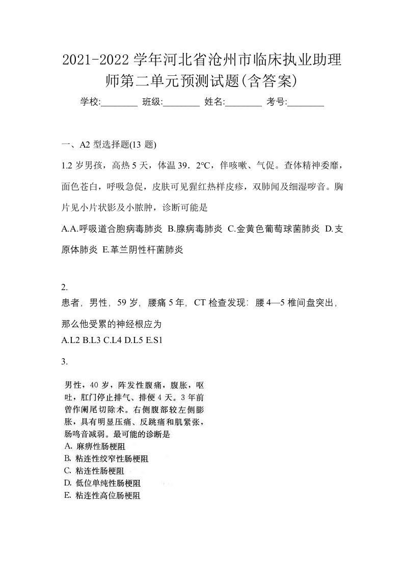 2021-2022学年河北省沧州市临床执业助理师第二单元预测试题含答案