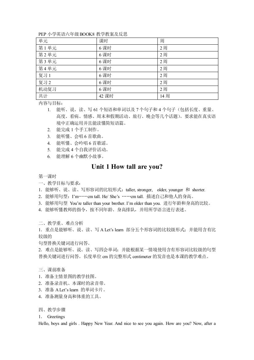 新版PEP小学英语六年级下册全册教案及反思