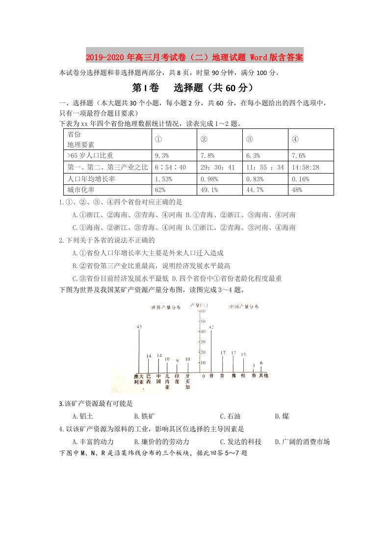 2019-2020年高三月考试卷（二）地理试题