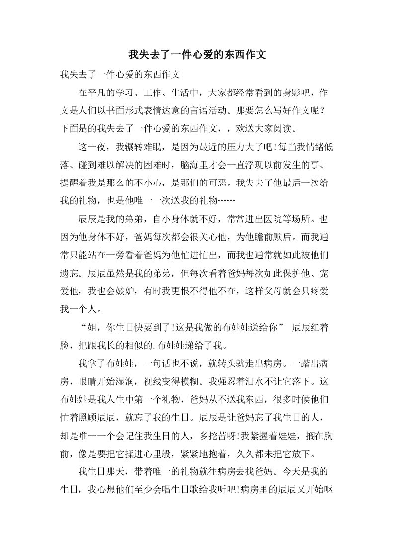 我失去了一件心爱的东西作文