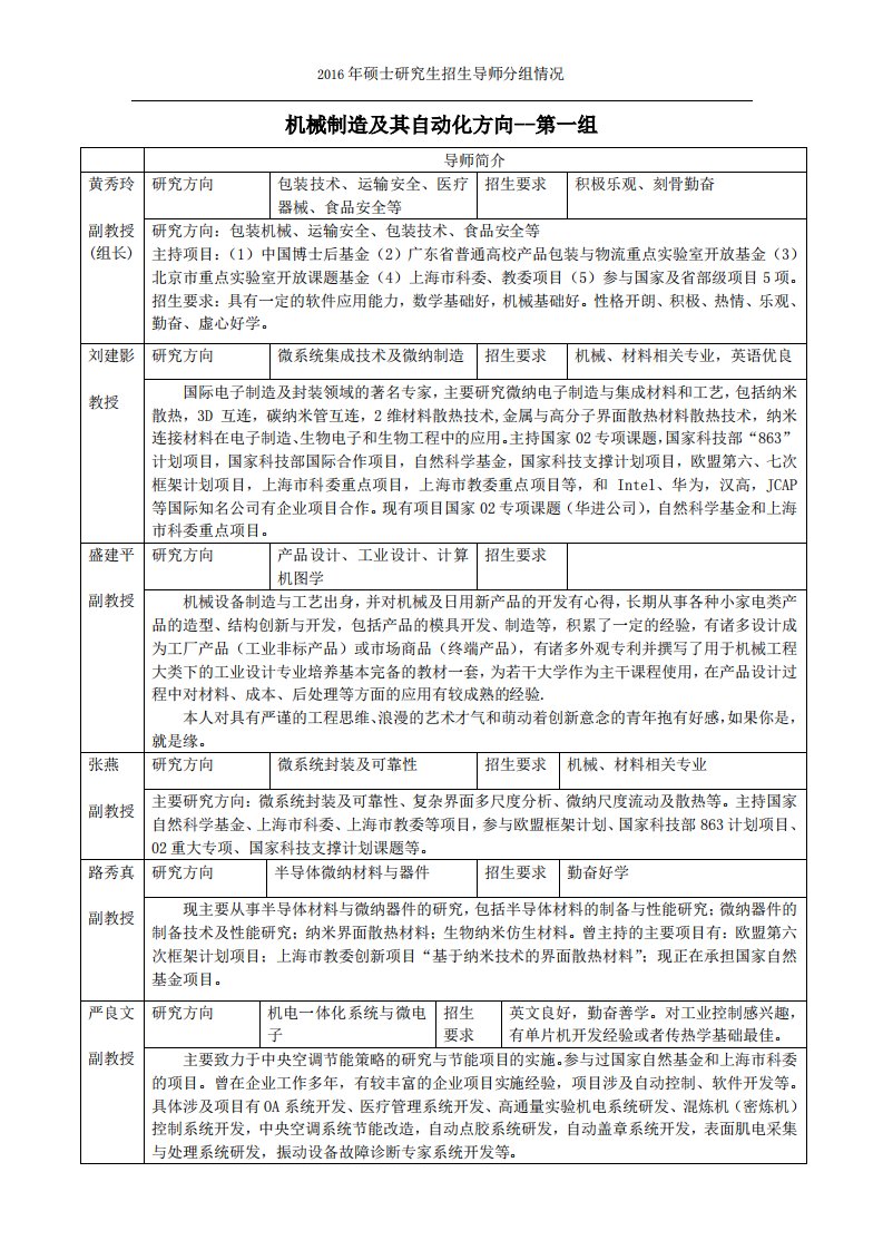 上海大学机械自动化系导师介绍资料