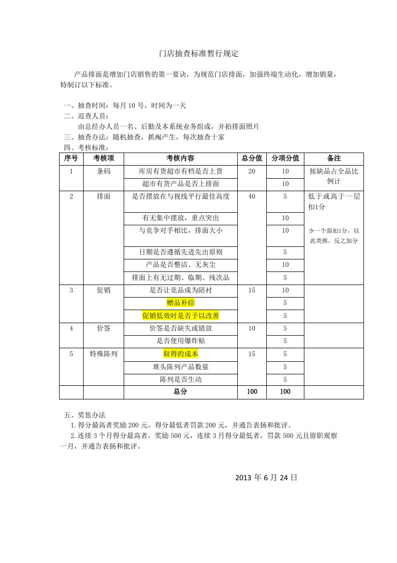 门店抽查标准暂行规定