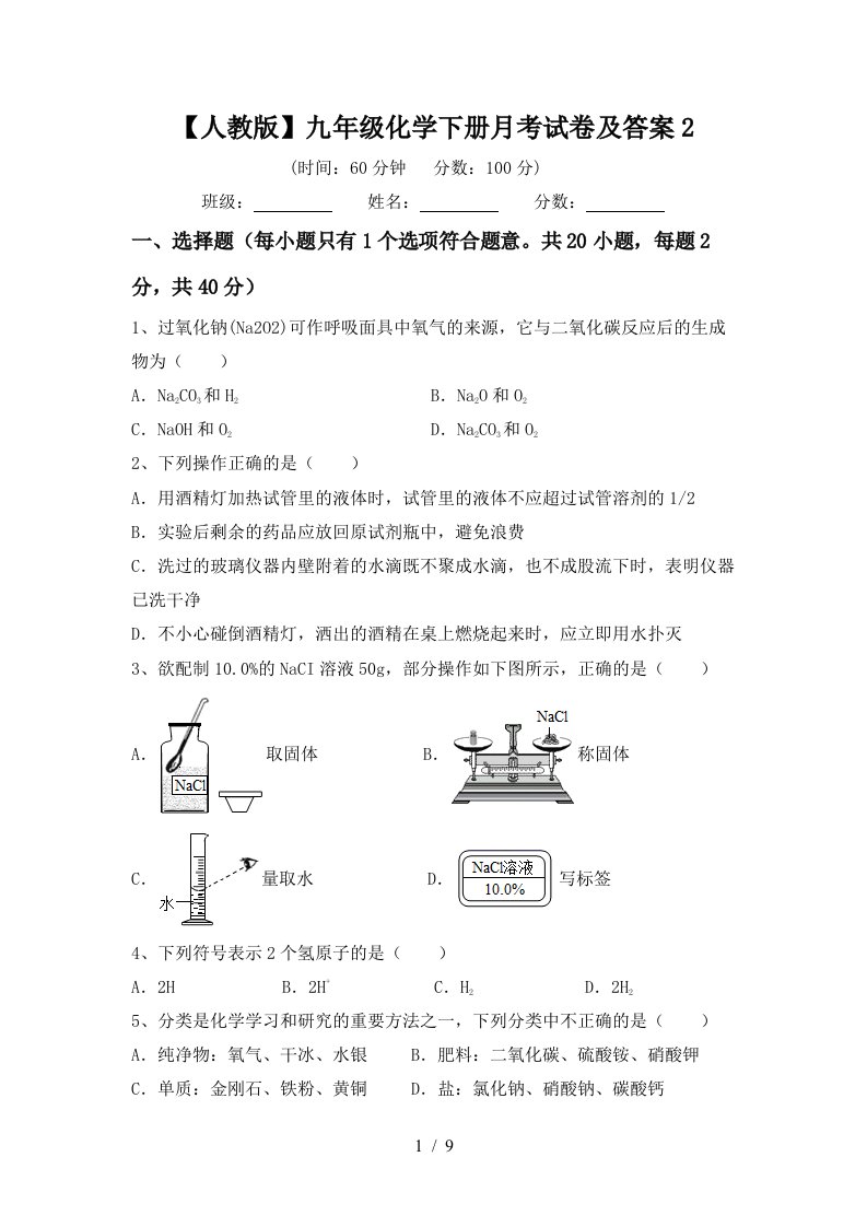 人教版九年级化学下册月考试卷及答案2