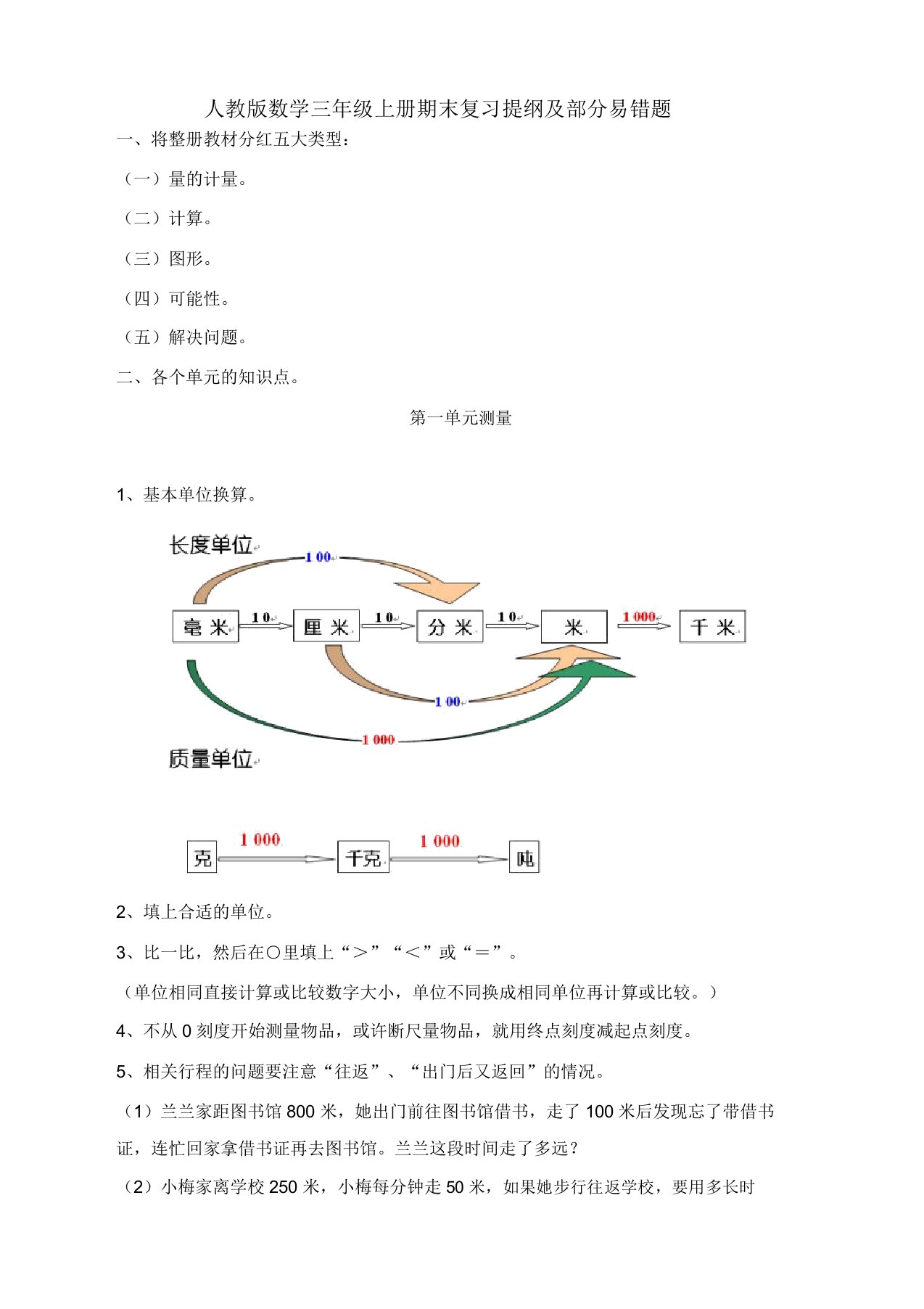 人教版小学三年级上册数学期末复习提纲及部分易错题【2020新编版】