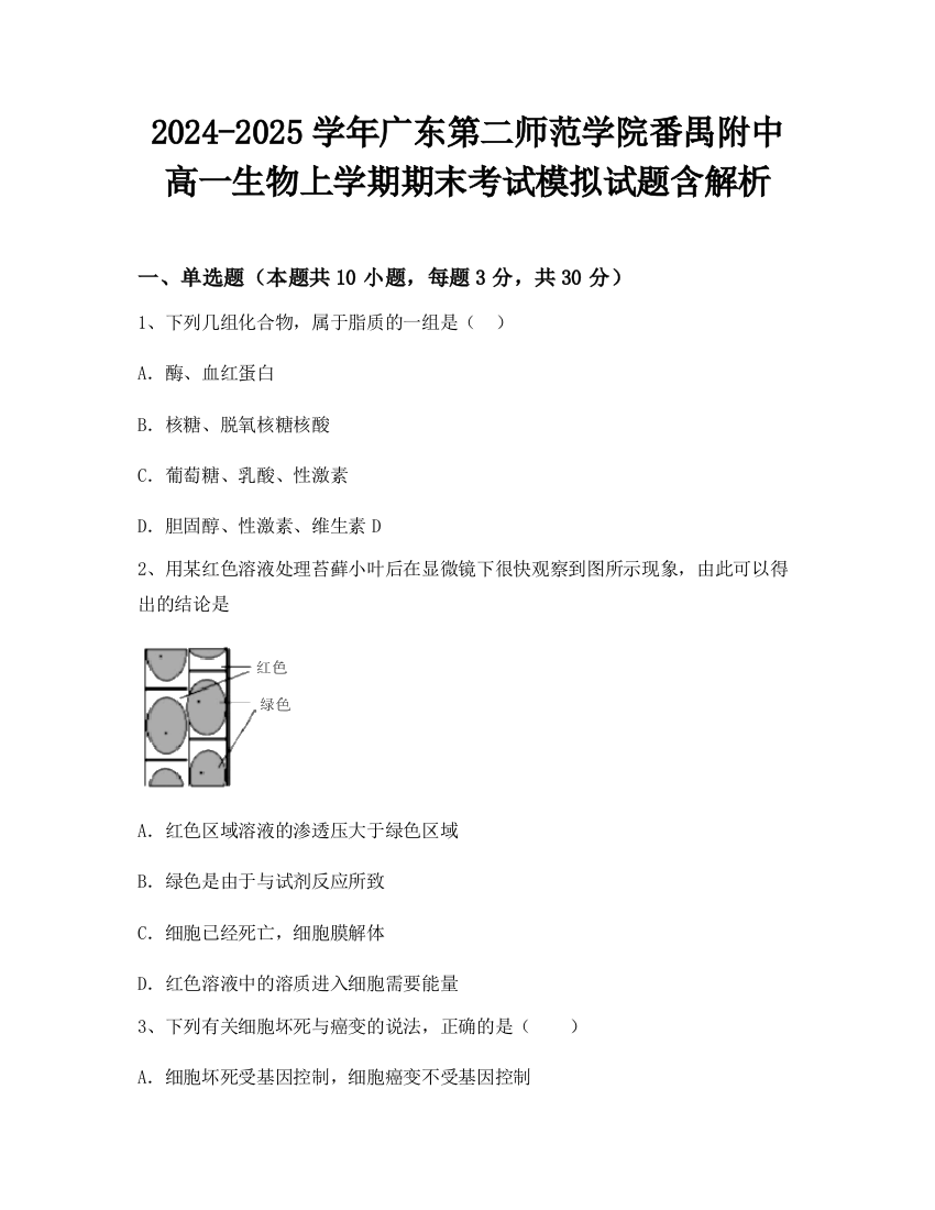 2024-2025学年广东第二师范学院番禺附中高一生物上学期期末考试模拟试题含解析