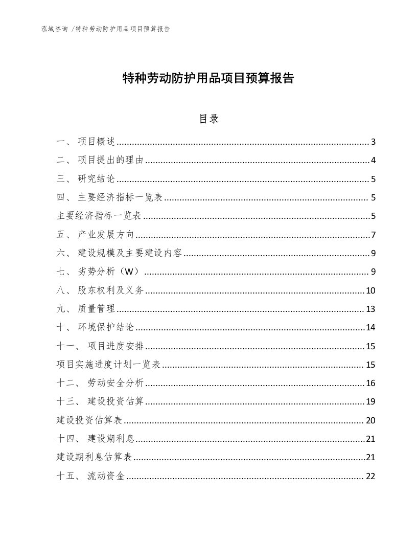 特种劳动防护用品项目预算报告