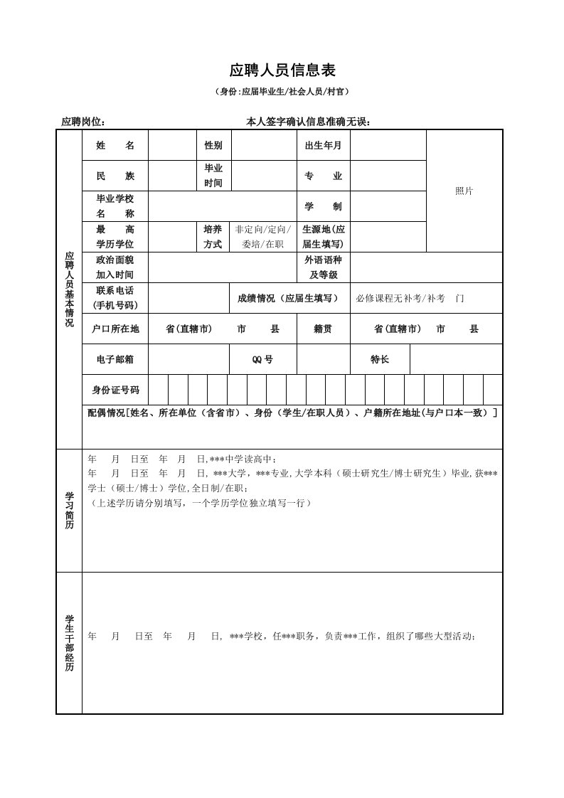 应聘人员信息表