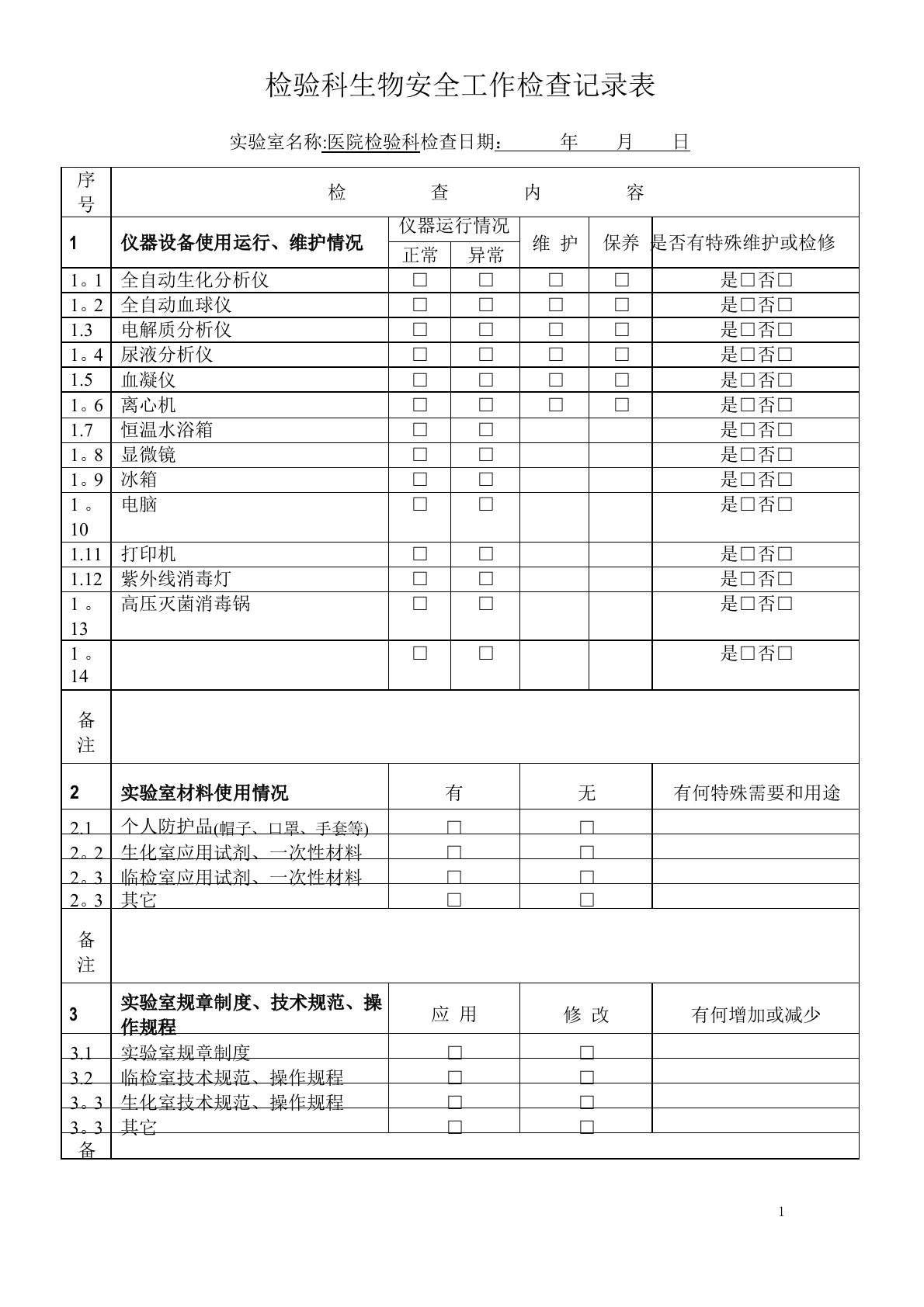 实验室生物安全工作检查记录表