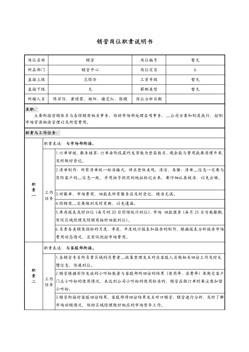 销管岗位职责说明书