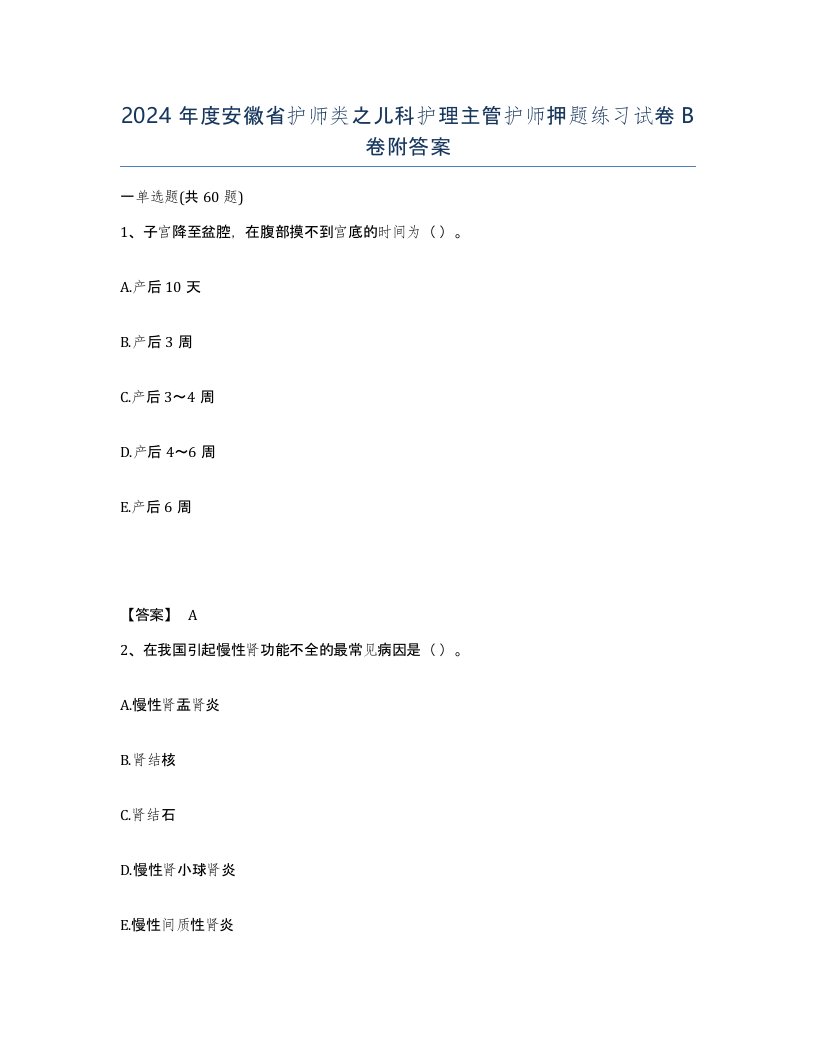 2024年度安徽省护师类之儿科护理主管护师押题练习试卷B卷附答案